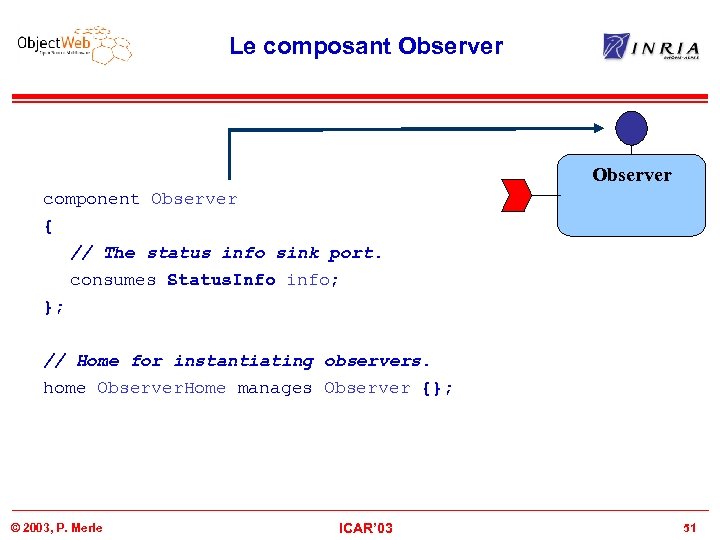 Le composant Observer component Observer { // The status info sink port. consumes Status.
