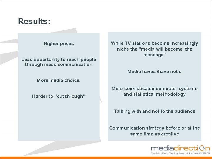 Results: Higher prices Less opportunity to reach people through mass communication While TV stations