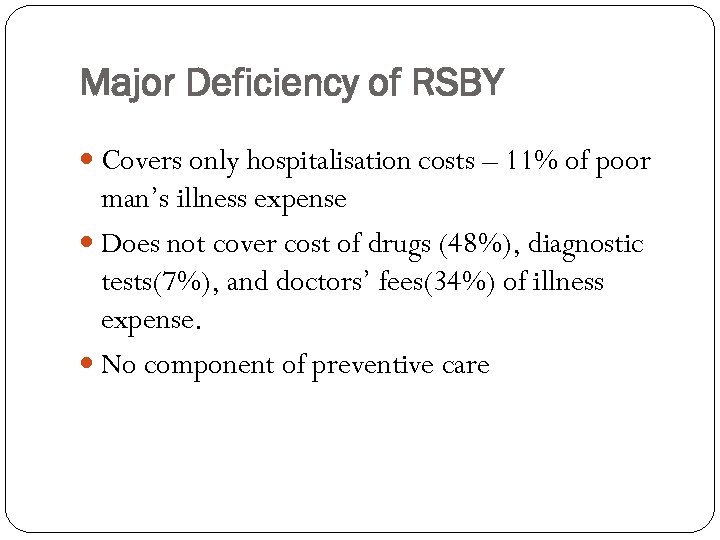 Major Deficiency of RSBY Covers only hospitalisation costs – 11% of poor man’s illness