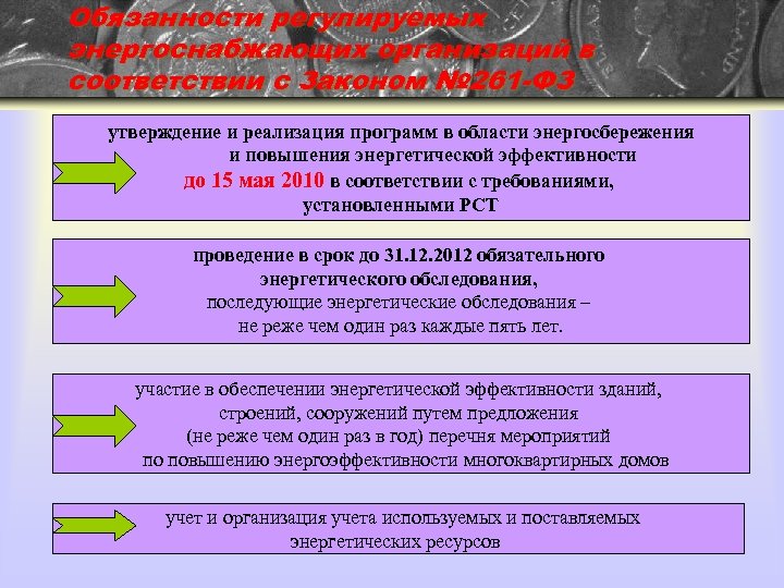 Обязанности регулируемых энергоснабжающих организаций в соответствии с Законом № 261 -ФЗ утверждение и реализация