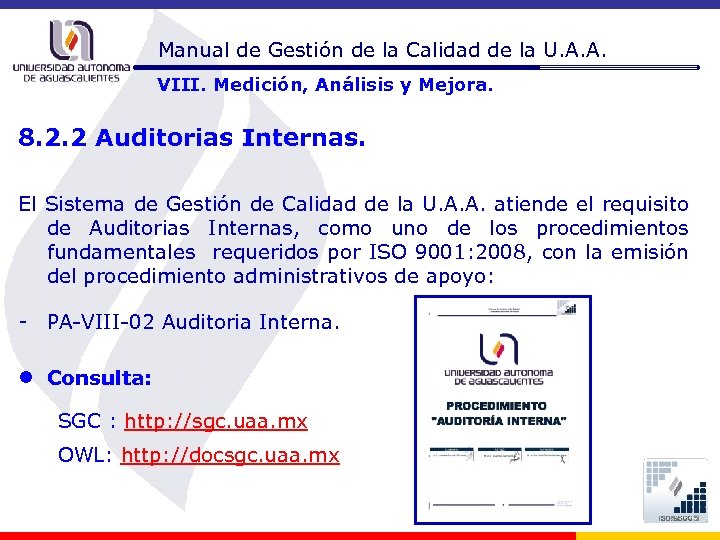 Manual de Gestión de la Calidad de la U. A. A. VIII. Medición, Análisis