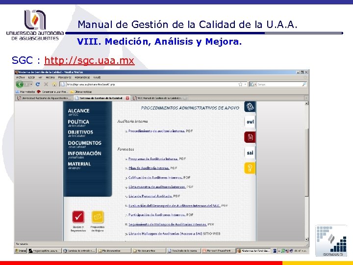 Manual de Gestión de la Calidad de la U. A. A. VIII. Medición, Análisis