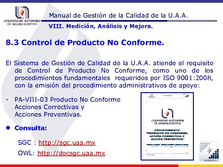 Manual de Gestión de la Calidad de la U. A. A. VIII. Medición, Análisis