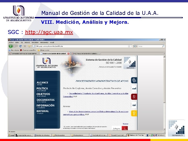 Manual de Gestión de la Calidad de la U. A. A. VIII. Medición, Análisis