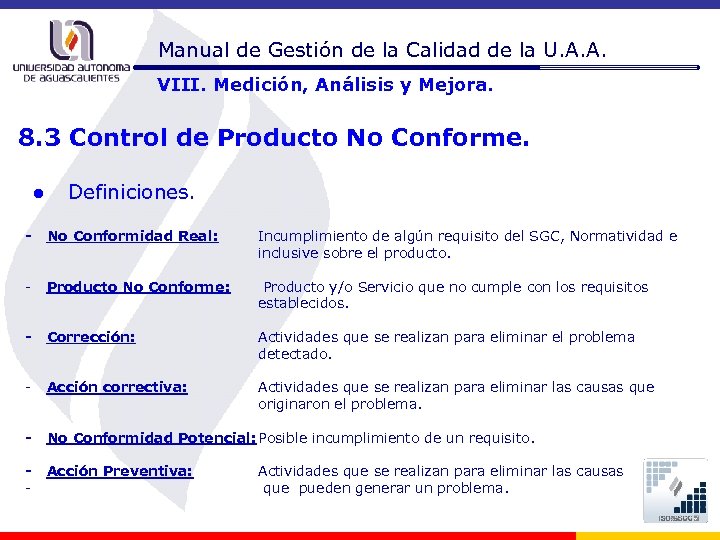 Manual de Gestión de la Calidad de la U. A. A. VIII. Medición, Análisis
