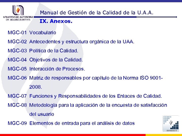 Manual de Gestión de la Calidad de la U. A. A. IX. Anexos. MGC-01