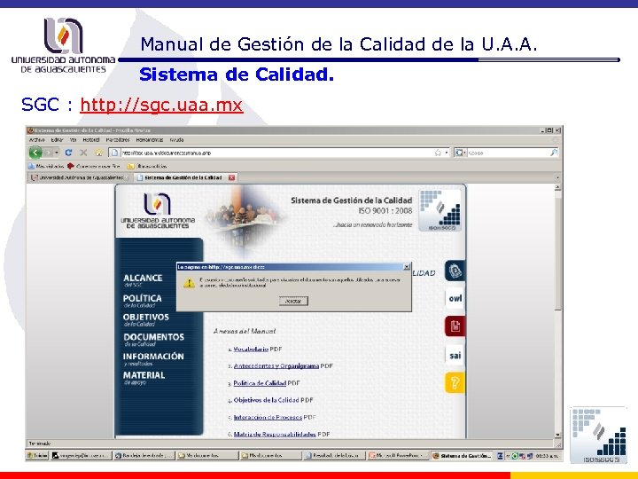 Manual de Gestión de la Calidad de la U. A. A. Sistema de Calidad.