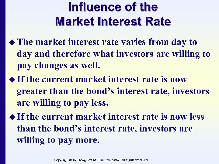 Influence of the Market Interest Rate u The market interest rate varies from day