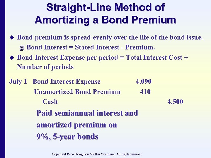 Straight-Line Method of Amortizing a Bond Premium u u Bond premium is spread evenly