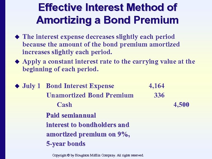 Effective Interest Method of Amortizing a Bond Premium u u u The interest expense