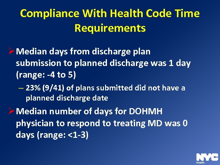 Compliance With Health Code Time Requirements Ø Median days from discharge plan submission to