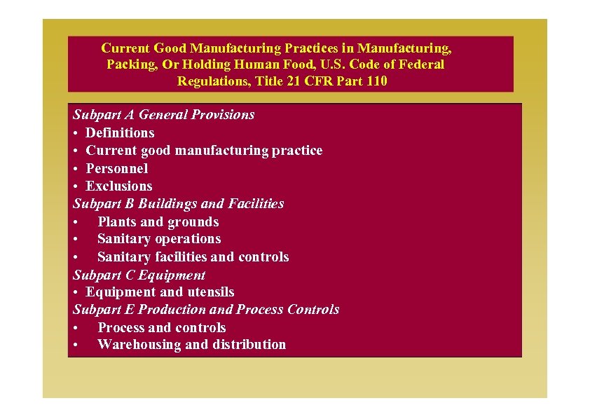 Current Good Manufacturing Practices in Manufacturing, Packing, Or Holding Human Food, U. S. Code