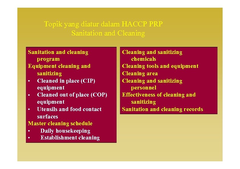 Topik yang diatur dalam HACCP PRP Sanitation and Cleaning Sanitation and cleaning program Equipment