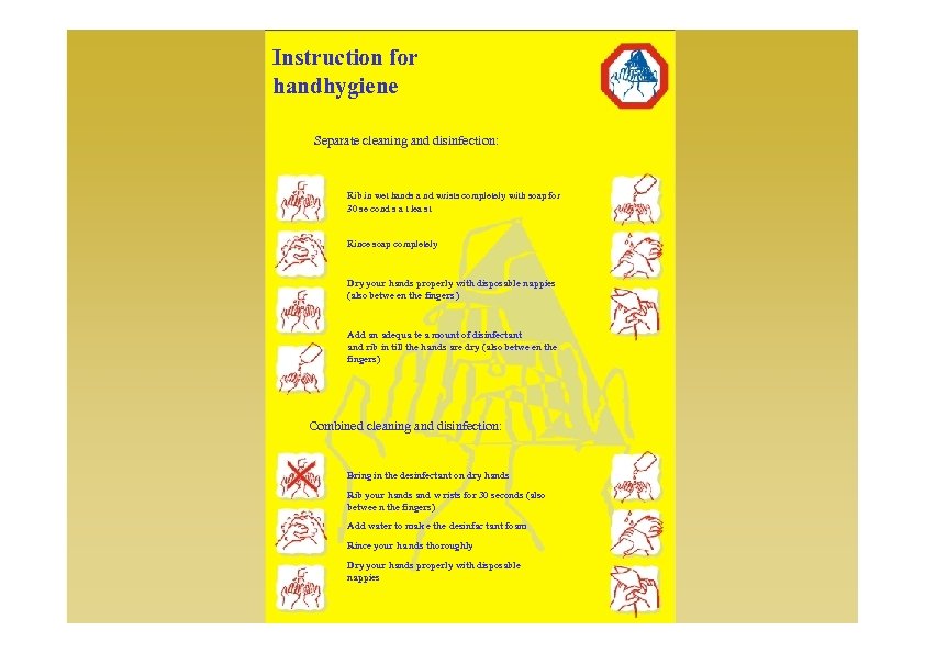 Instruction for handhygiene Separate cleaning and disinfection: Rib in wet hands a nd wrists