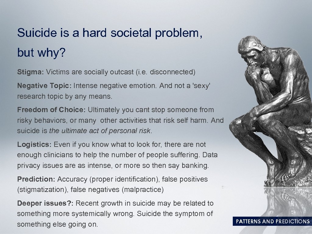 Suicide is a hard societal problem, but why? Stigma: Victims are socially outcast (i.