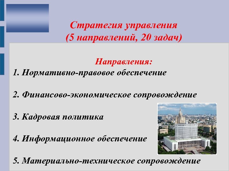 Стратегия управления (5 направлений, 20 задач) Направления: 1. Нормативно-правовое обеспечение 2. Финансово-экономическое сопровождение 3.