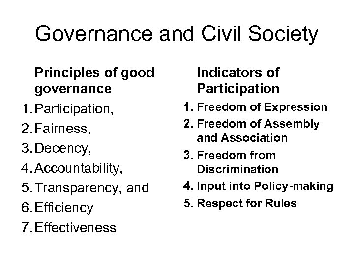 Governance and Civil Society Principles of good governance 1. Participation, 2. Fairness, 3. Decency,