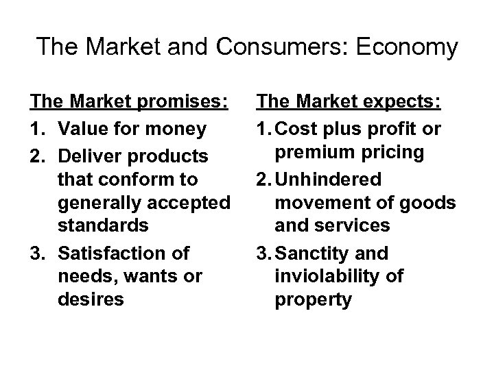 The Market and Consumers: Economy The Market promises: 1. Value for money 2. Deliver