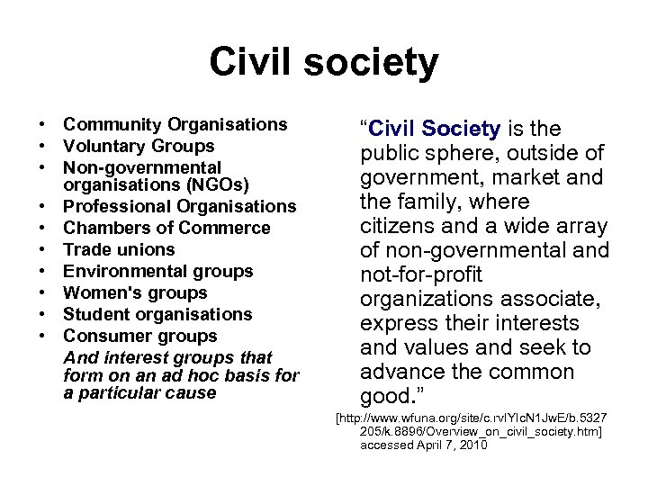 Civil society • Community Organisations • Voluntary Groups • Non-governmental organisations (NGOs) • Professional