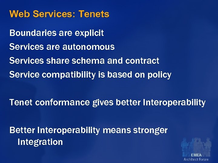 Web Services: Tenets Boundaries are explicit Services are autonomous Services share schema and contract