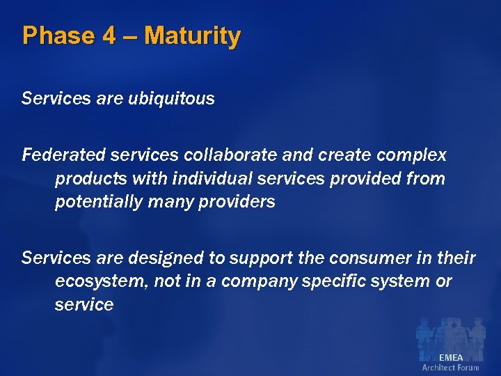 Phase 4 – Maturity Services are ubiquitous Federated services collaborate and create complex products