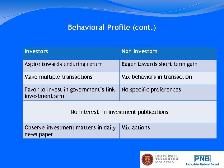 Behavioral Profile (cont. ) Investors Non Investors Aspire towards enduring return Eager towards short
