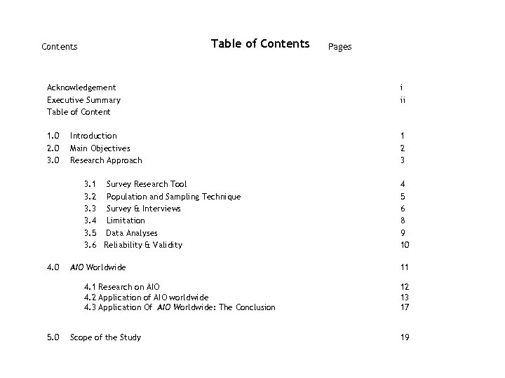 Table of Contents Pages Acknowledgement Executive Summary Table of Content i ii 1. 0