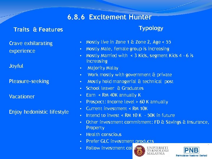 6. 8. 6 Excitement Hunter Typology Traits & Features Crave exhilarating experience Joyful Pleasure-seeking