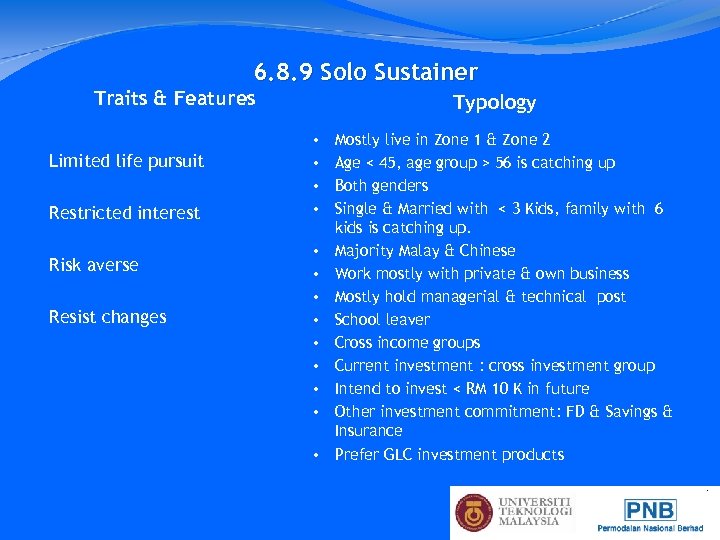 6. 8. 9 Solo Sustainer Traits & Features Limited life pursuit Restricted interest Risk