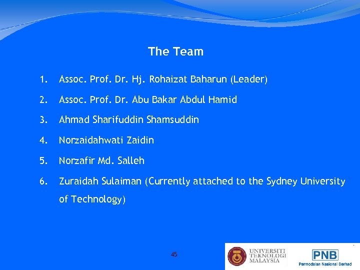 The Team 1. Assoc. Prof. Dr. Hj. Rohaizat Baharun (Leader) 2. Assoc. Prof. Dr.