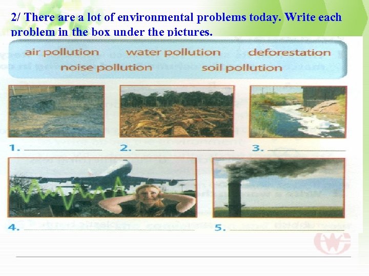 2/ There a lot of environmental problems today. Write each problem in the box