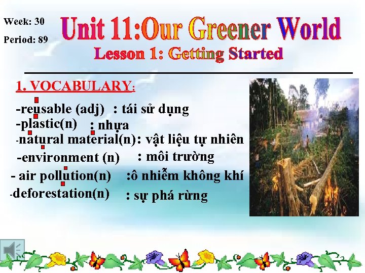 Week: 30 Period: 89 1. VOCABULARY: -reusable (adj) : tái sử dụng -plastic(n) :