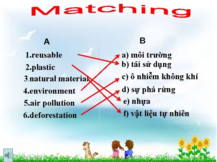 A 1. reusable 2. plastic 3. natural material 4. environment 5. air pollution 6.