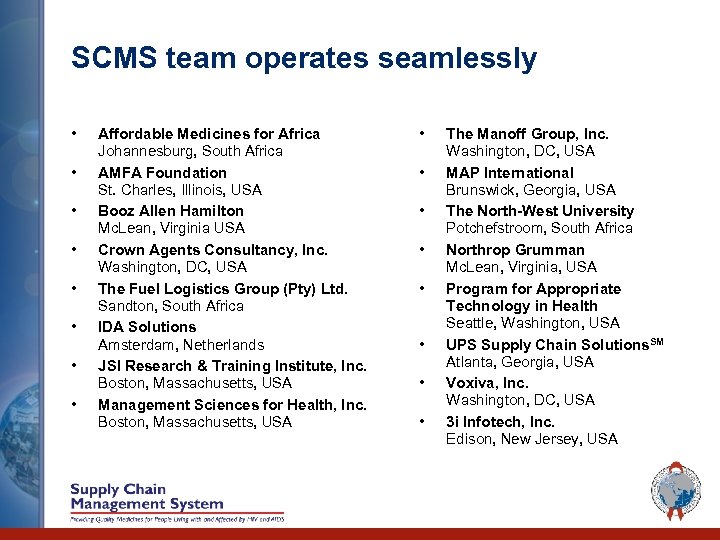 SCMS team operates seamlessly • • Affordable Medicines for Africa Johannesburg, South Africa AMFA