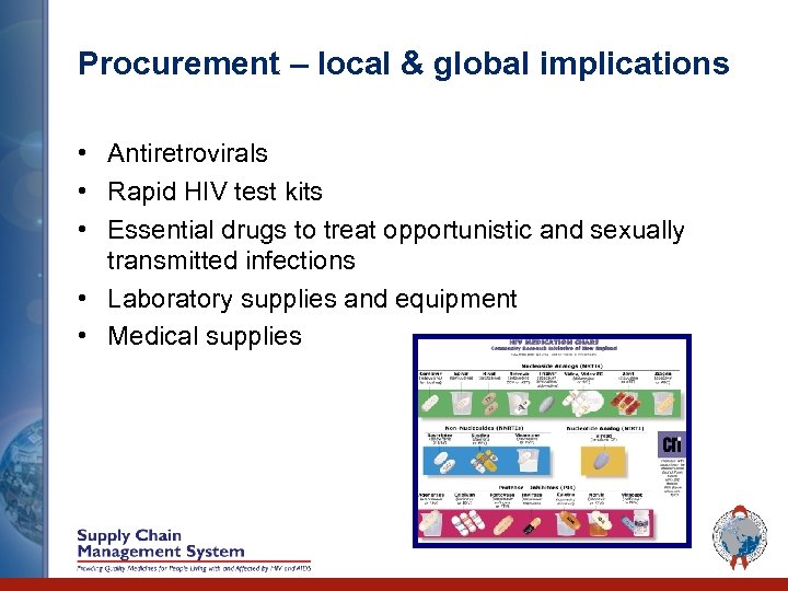 Procurement – local & global implications • Antiretrovirals • Rapid HIV test kits •
