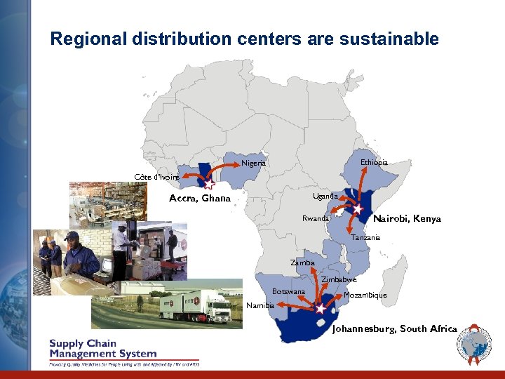 Regional distribution centers are sustainable Ethiopia Nigeria Côte d’Ivoire Uganda Accra, Ghana Nairobi, Kenya