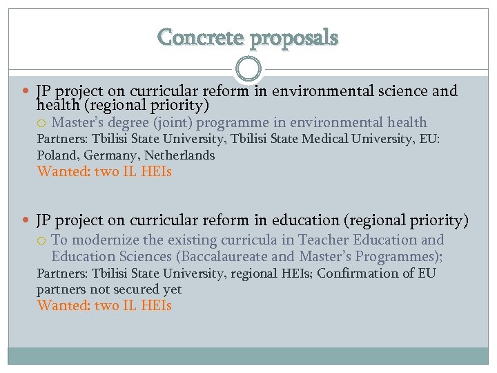 Concrete proposals JP project on curricular reform in environmental science and health (regional priority)