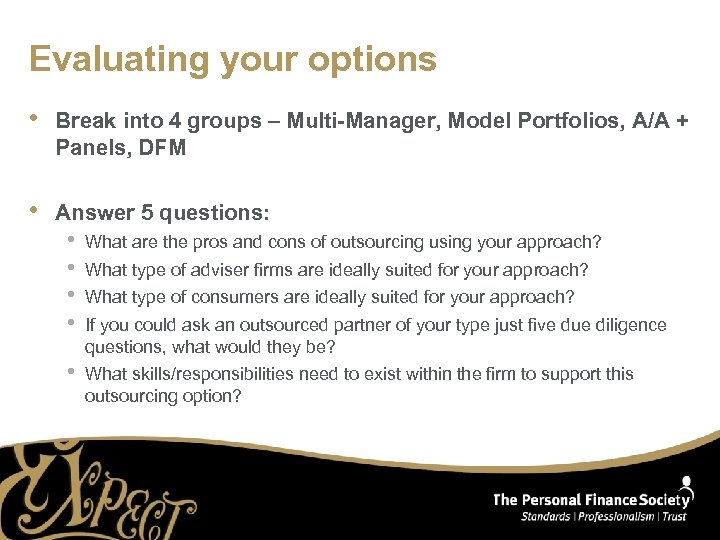 Evaluating your options • Break into 4 groups – Multi-Manager, Model Portfolios, A/A +