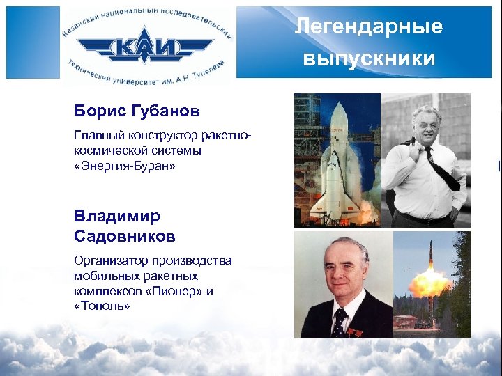 Легендарные выпускники Борис Губанов Главный конструктор ракетнокосмической системы «Энергия-Буран» Владимир Садовников Организатор производства мобильных