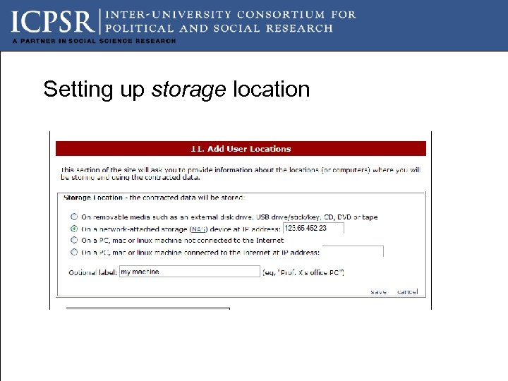 Setting up storage location 