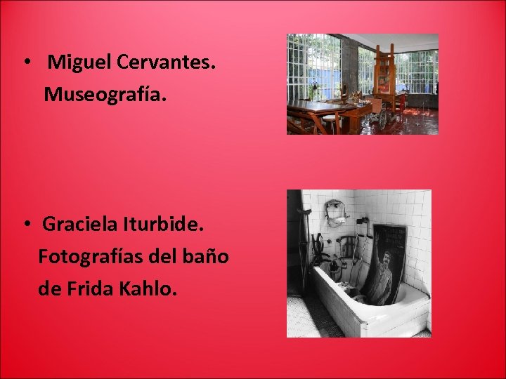  • Miguel Cervantes. Museografía. • Graciela Iturbide. Fotografías del baño de Frida Kahlo.