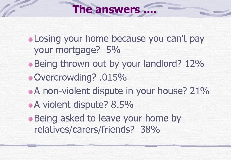 The answers. . Losing your home because you can’t pay your mortgage? 5% Being