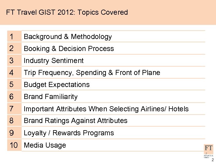 FT Travel GIST 2012: Topics Covered 1 Background & Methodology 2 Booking & Decision