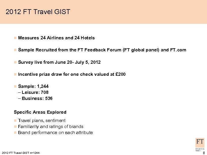 2012 FT Travel GIST n Measures 24 Airlines and 24 Hotels n Sample Recruited