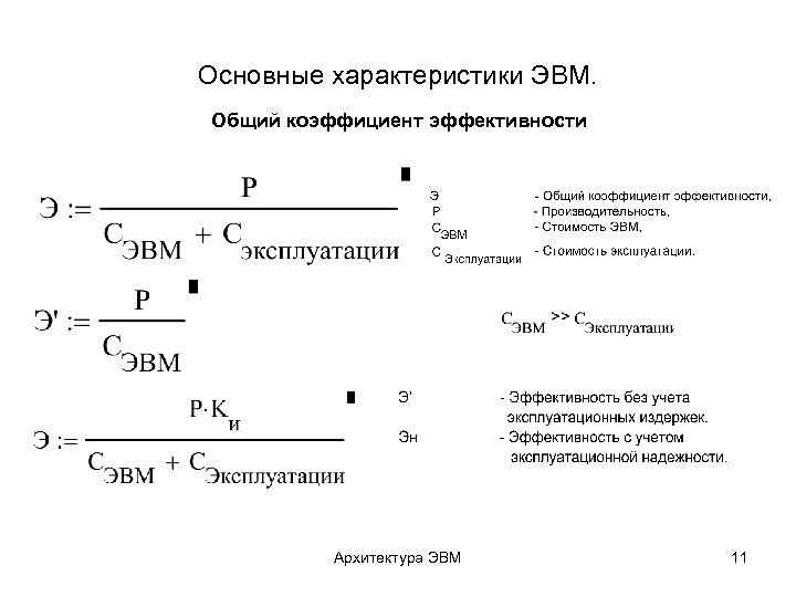 Основные характеристики ЭВМ. Общий коэффициент эффективности Архитектура ЭВМ 11 