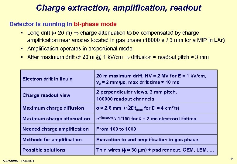 Charge extraction, amplification, readout Detector is running in bi-phase mode § Long drift (≈