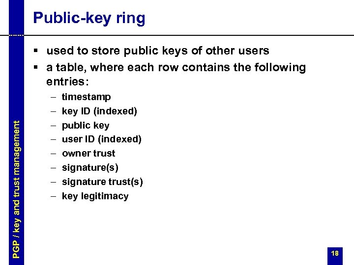 Public-key ring PGP / key and trust management § used to store public keys