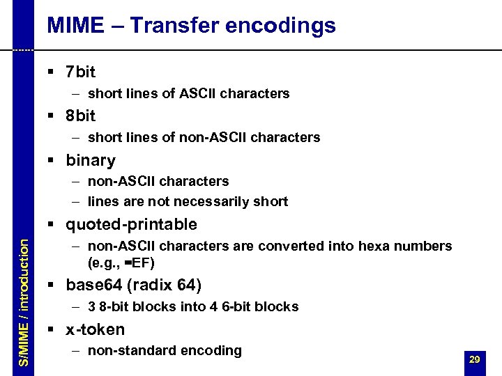 MIME – Transfer encodings § 7 bit – short lines of ASCII characters §