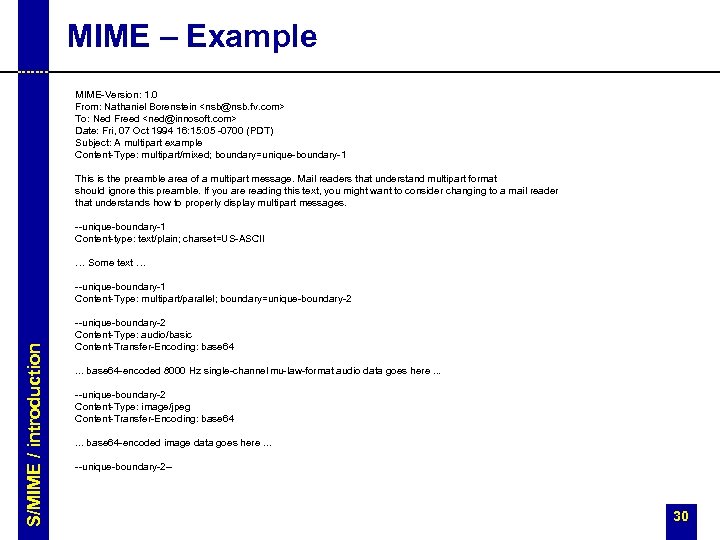 MIME – Example MIME-Version: 1. 0 From: Nathaniel Borenstein <nsb@nsb. fv. com> To: Ned