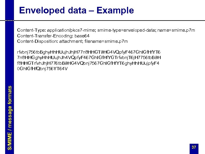 Enveloped data – Example Content-Type: application/pkcs 7 -mime; smime-type=enveloped-data; name=smime. p 7 m Content-Transfer-Encoding: